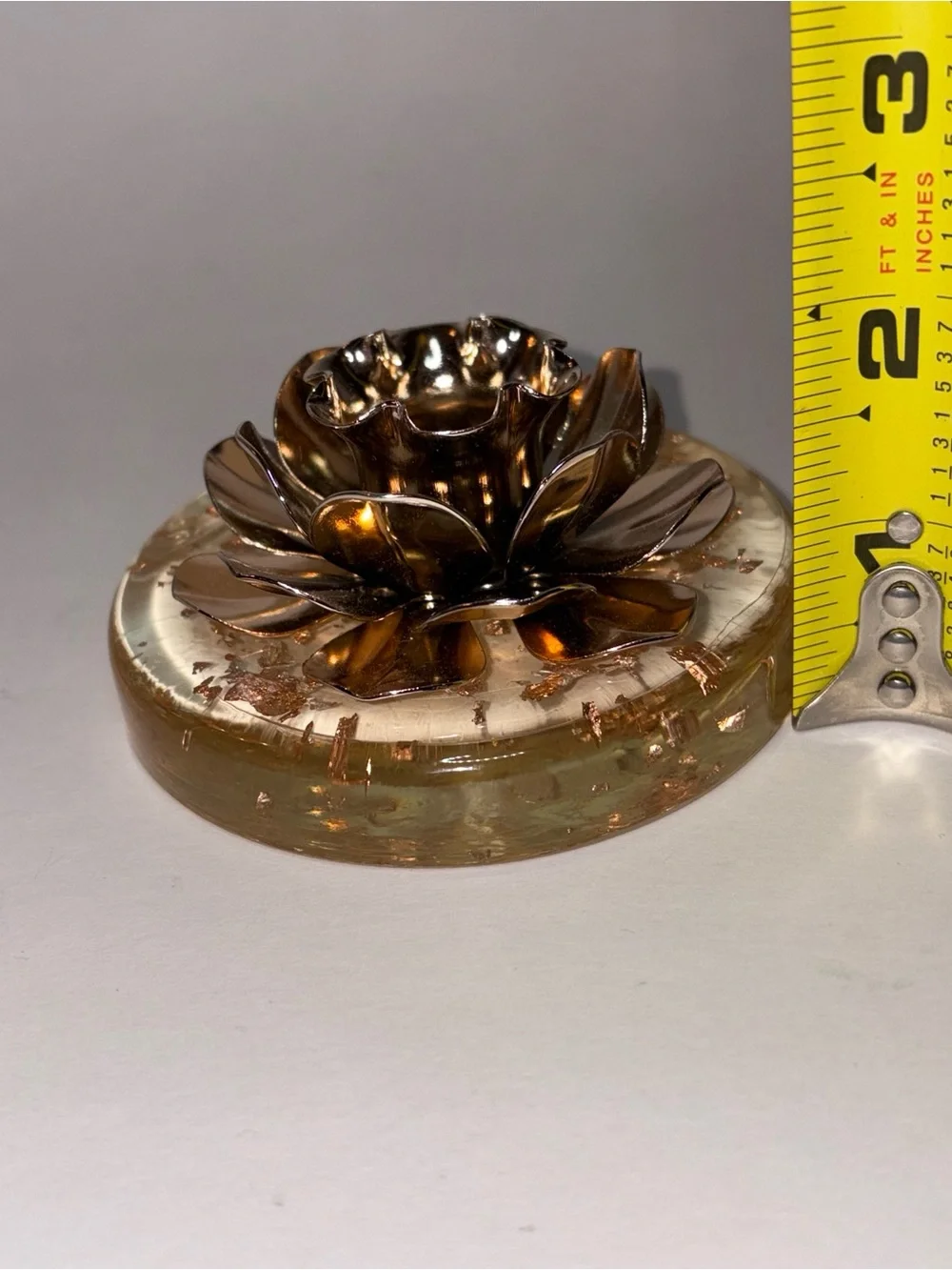 Vintage Lucite Candle Holder Gold Toned Rose Flower Gold Flecks 3” MCM